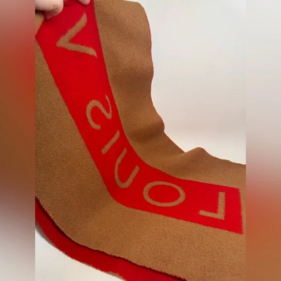 SOLD Louis Vuitton Red & Camel Double Sided 100% Cashmere Winter Scarf Luxury - Picture 9 of 15